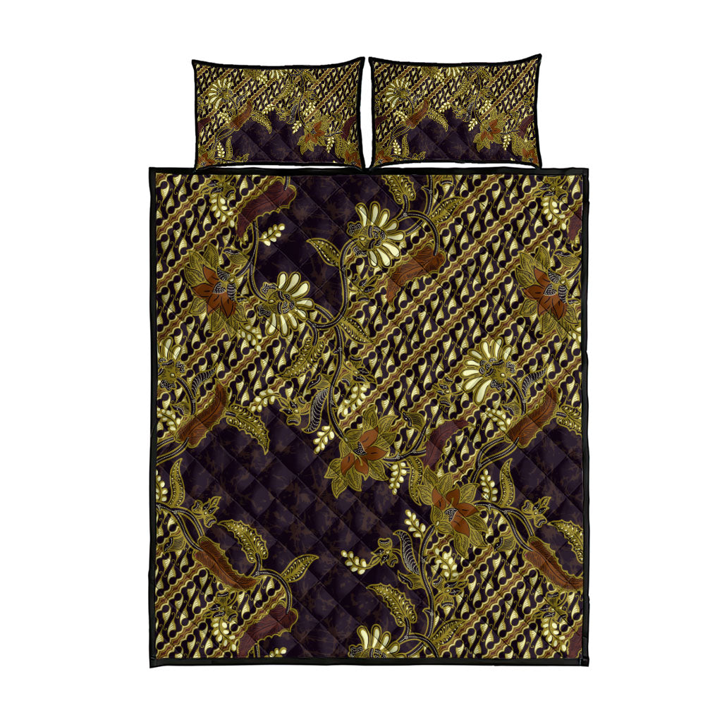 Indonesian Parang Batik Quilt Bed Set Yellow Floral Pattern
