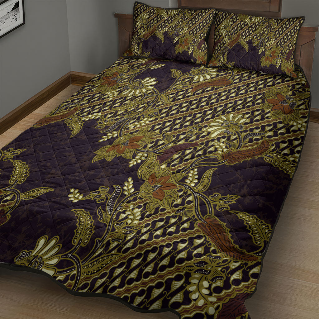 Indonesian Parang Batik Quilt Bed Set Yellow Floral Pattern