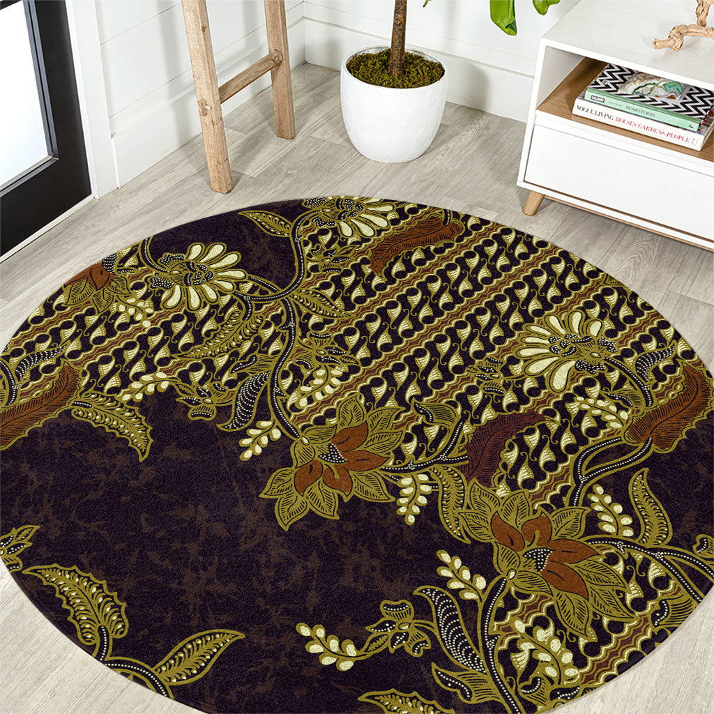 Indonesian Parang Batik Round Carpet Yellow Floral Pattern