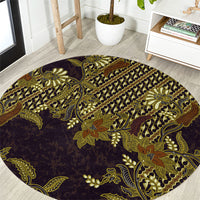 Indonesian Parang Batik Round Carpet Yellow Floral Pattern