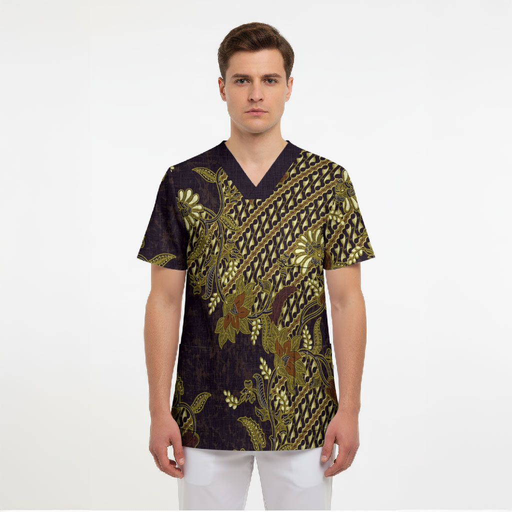 Indonesian Parang Batik Scrub Top Yellow Floral Pattern
