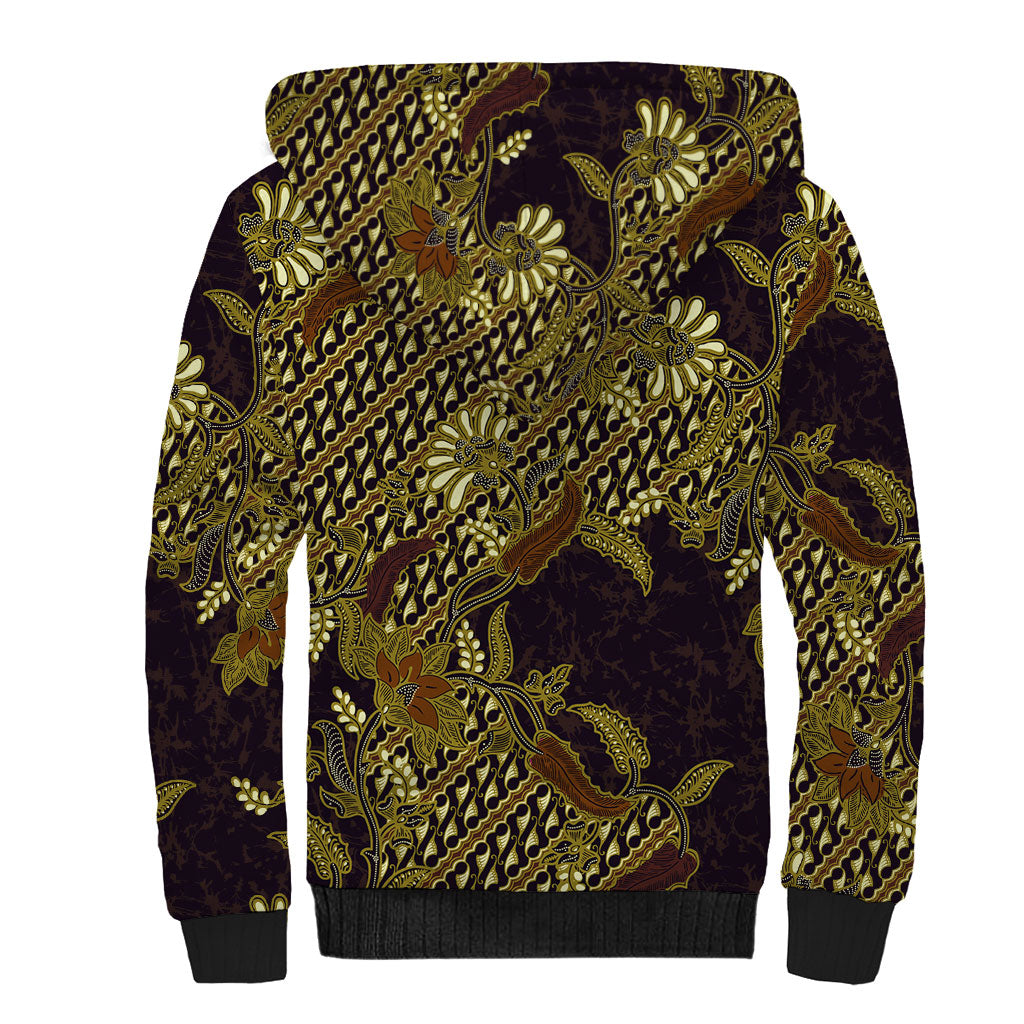 Indonesian Parang Batik Sherpa Hoodie Yellow Floral Pattern