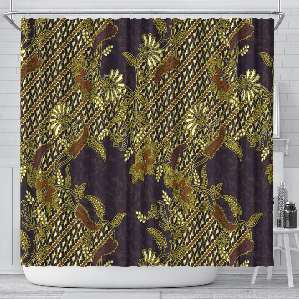 Indonesian Parang Batik Shower Curtain Yellow Floral Pattern