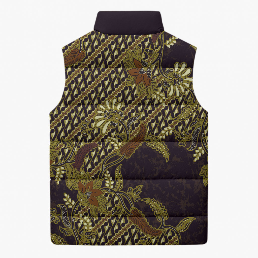 Indonesian Parang Batik Sleeveless Puffer Jacket Yellow Floral Pattern