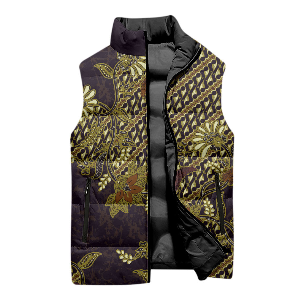 Indonesian Parang Batik Sleeveless Puffer Jacket Yellow Floral Pattern