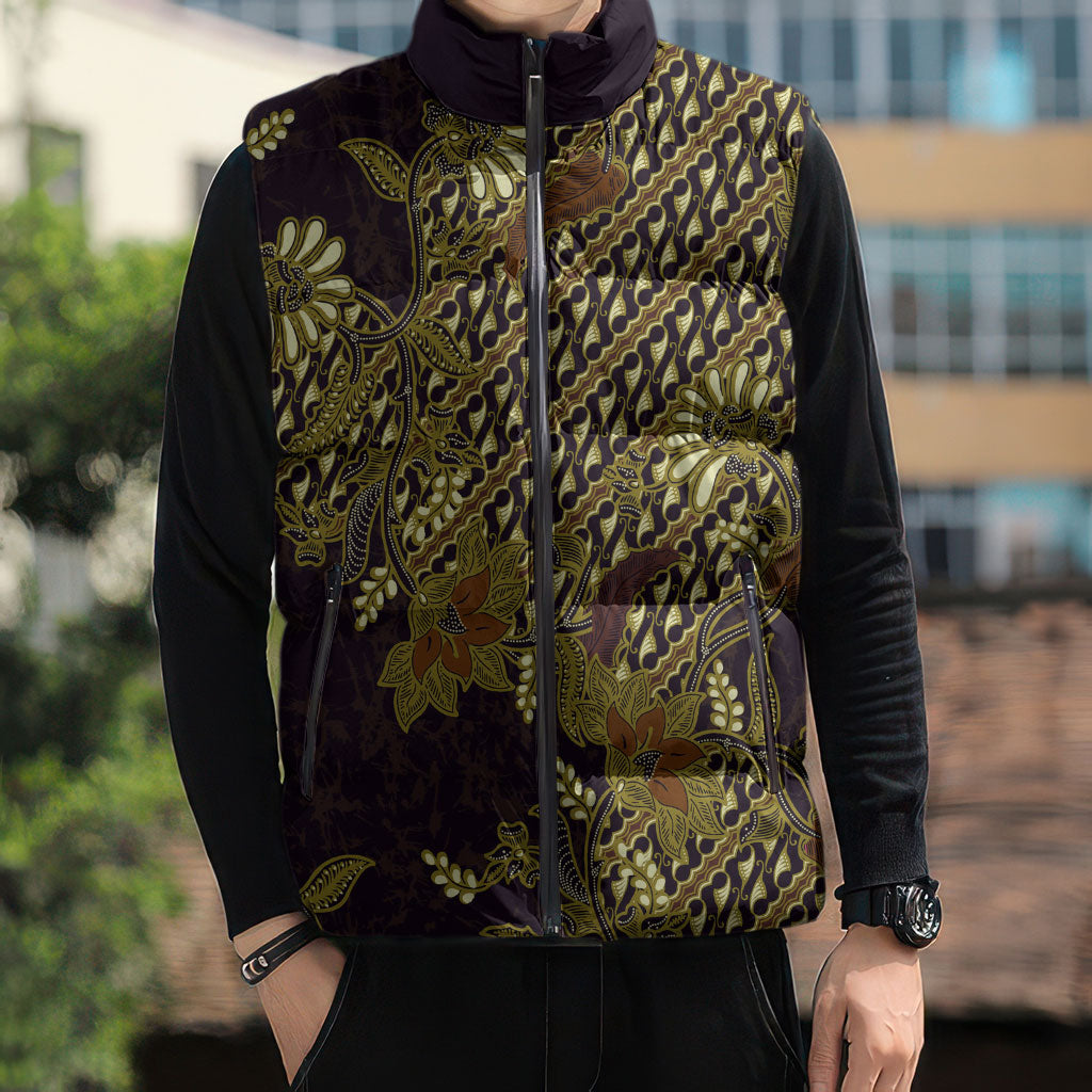 Indonesian Parang Batik Sleeveless Puffer Jacket Yellow Floral Pattern