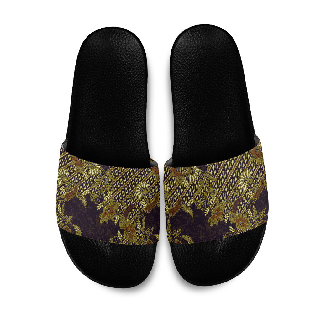 Indonesian Parang Batik Slide Sandals Yellow Floral Pattern