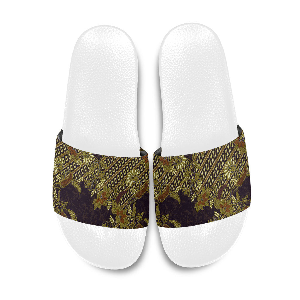 Indonesian Parang Batik Slide Sandals Yellow Floral Pattern