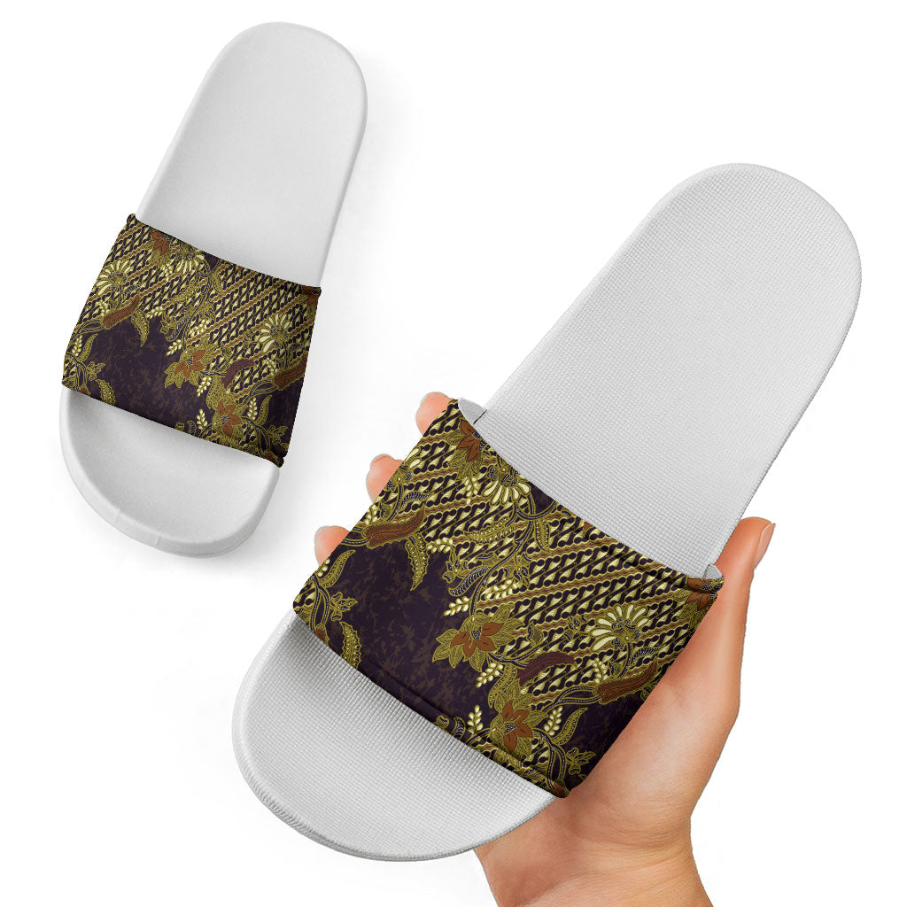 Indonesian Parang Batik Slide Sandals Yellow Floral Pattern