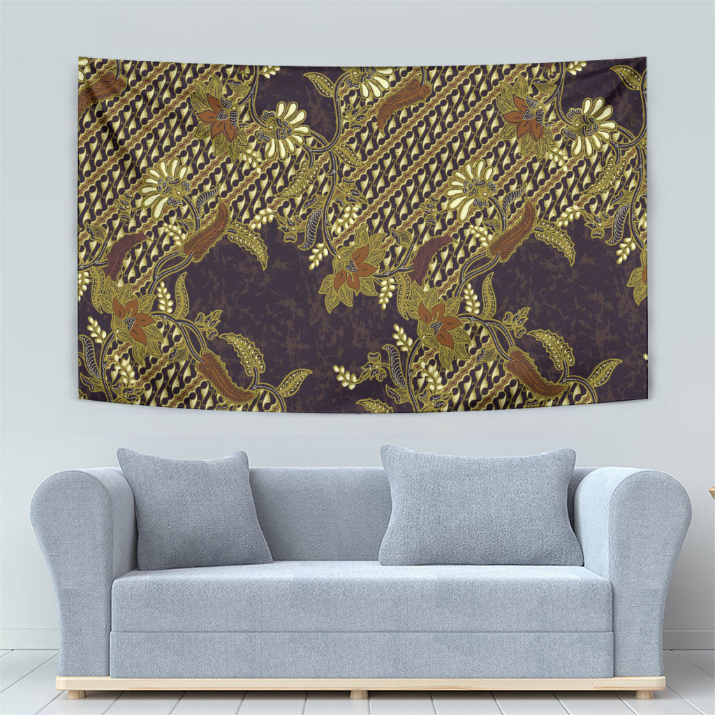 Indonesian Parang Batik Tapestry Yellow Floral Pattern