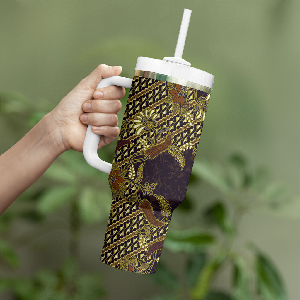 Indonesian Parang Batik Tumbler With Handle Yellow Floral Pattern