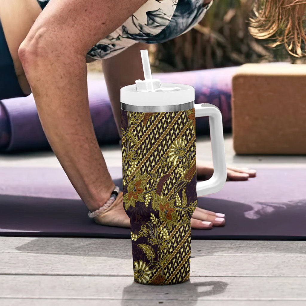 Indonesian Parang Batik Tumbler With Handle Yellow Floral Pattern