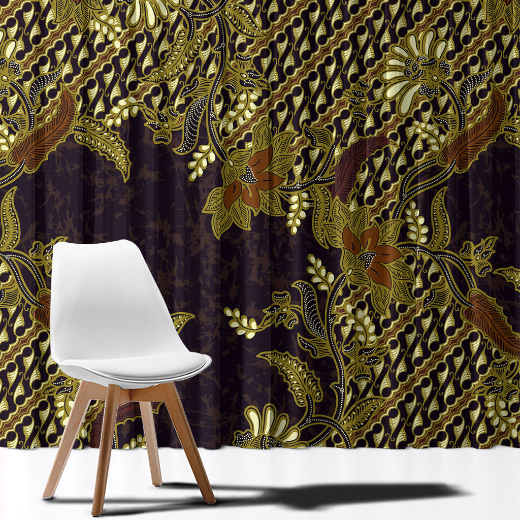 Indonesian Parang Batik Window Curtain Yellow Floral Pattern