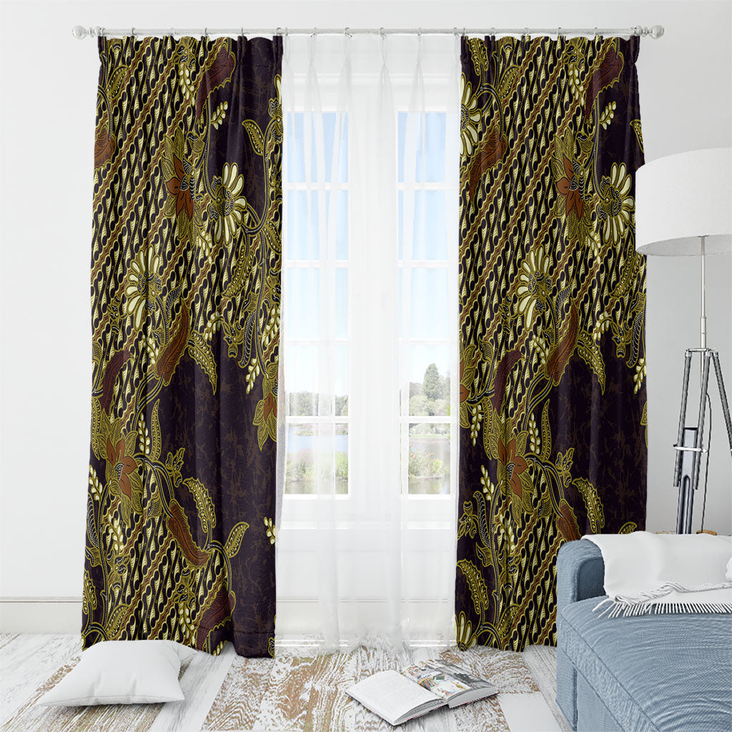 Indonesian Parang Batik Window Curtain Yellow Floral Pattern