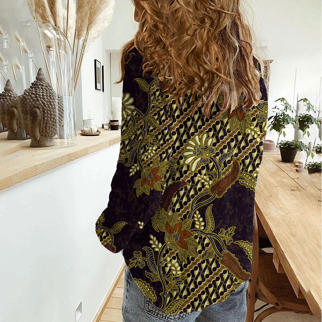 Indonesian Parang Batik Women Casual Shirt Yellow Floral Pattern