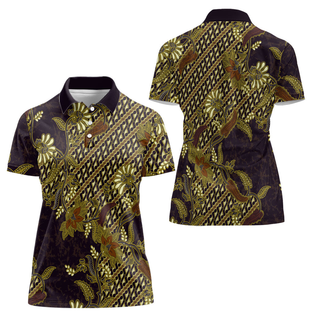 Indonesian Parang Batik Women Polo Shirt Yellow Floral Pattern