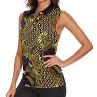 Indonesian Parang Batik Women Sleeveless Polo Shirt Yellow Floral Pattern