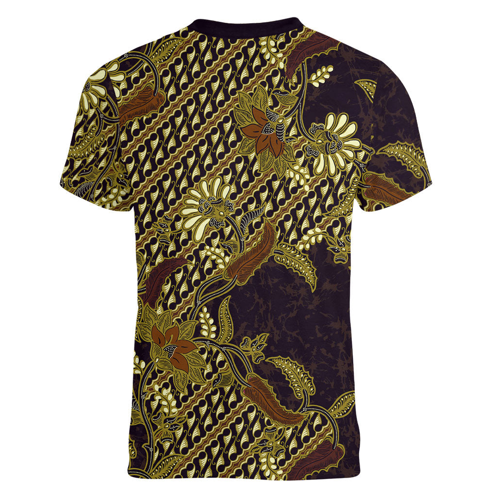 Indonesian Parang Batik Women V-Neck T-Shirt Yellow Floral Pattern