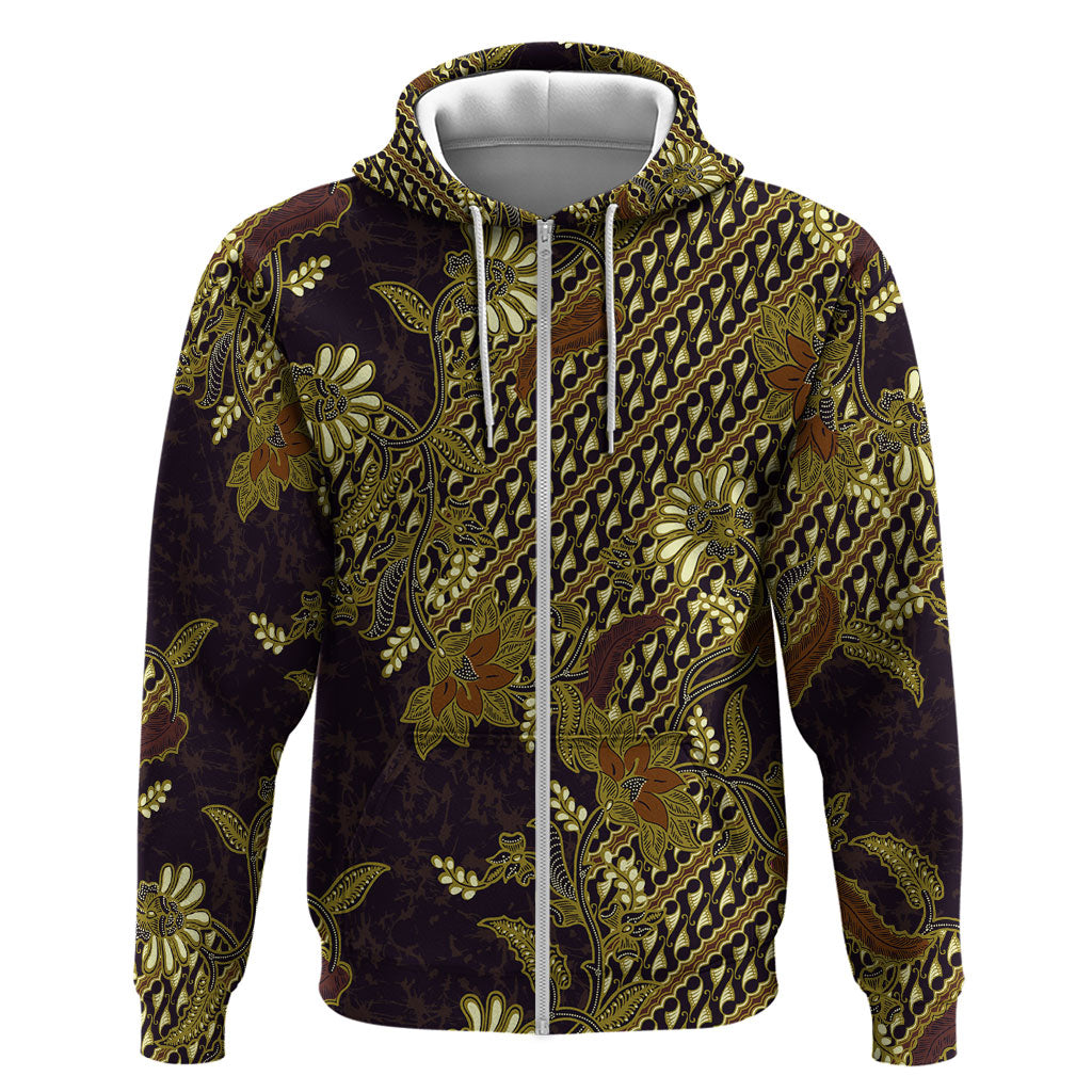Indonesian Parang Batik Zip Hoodie Yellow Floral Pattern