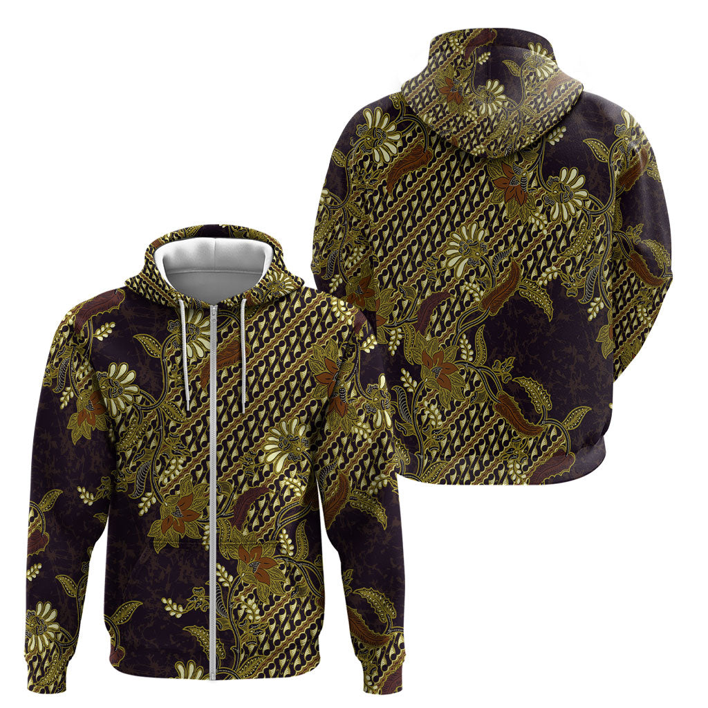 Indonesian Parang Batik Zip Hoodie Yellow Floral Pattern