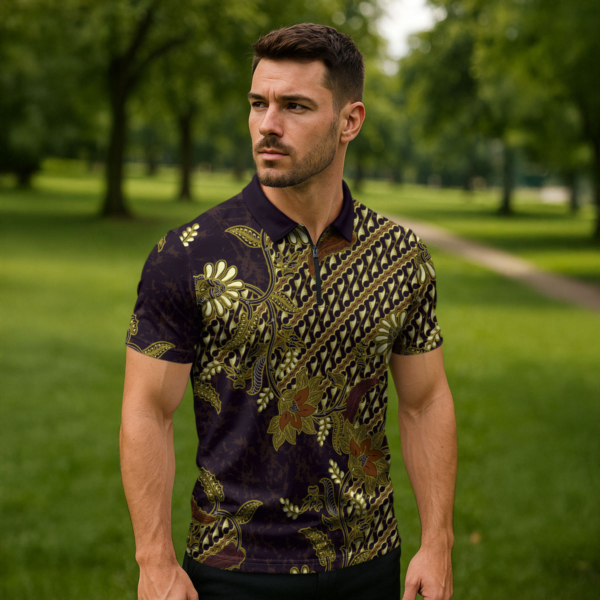 Indonesian Parang Batik Zipper Polo Shirt Yellow Floral Pattern