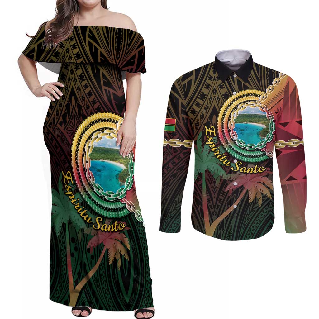 Vanuatu Espiritu Santo Island Couples Matching Off Shoulder Maxi Dress and Long Sleeve Button Shirt Beach Landscape