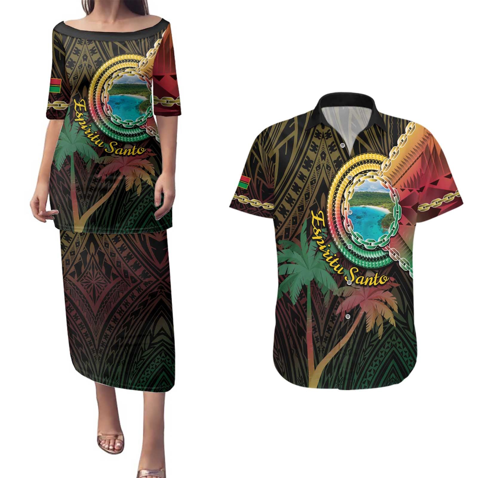 Vanuatu Espiritu Santo Island Couples Matching Puletasi and Hawaiian Shirt Beach Landscape