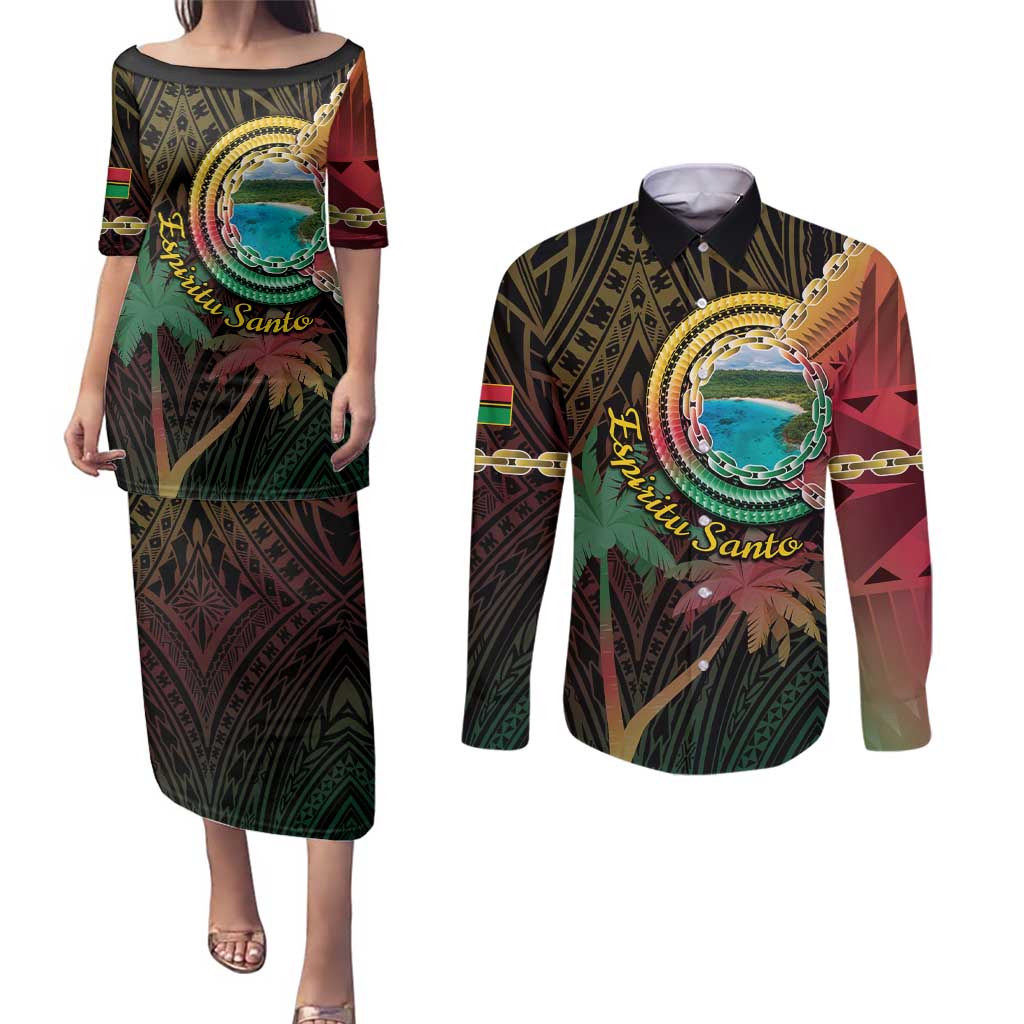 Vanuatu Espiritu Santo Island Couples Matching Puletasi and Long Sleeve Button Shirt Beach Landscape