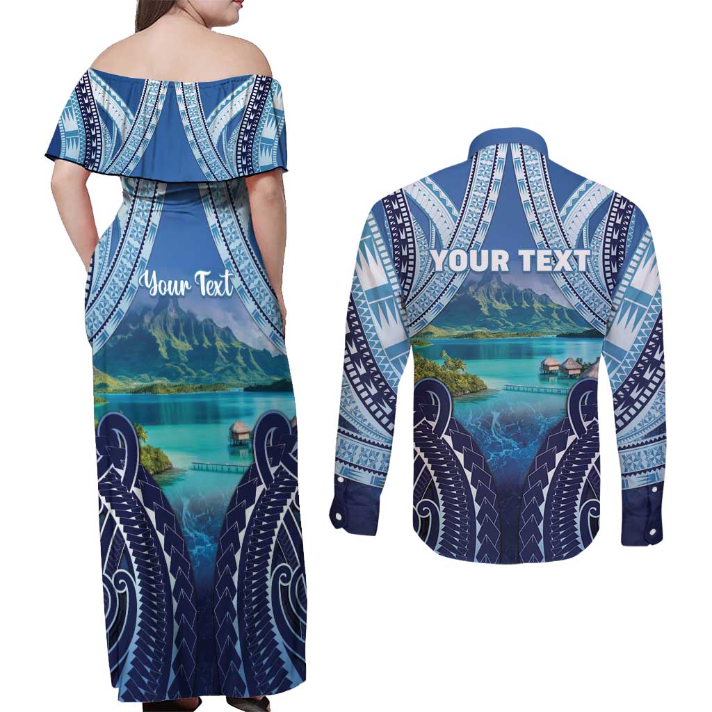 Personalised French Polynesia Bora Bora Couples Matching Off Shoulder Maxi Dress and Long Sleeve Button Shirt Beach Landscape Polynesian Style