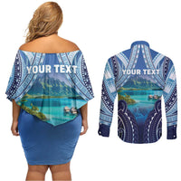 Personalised French Polynesia Bora Bora Couples Matching Off Shoulder Short Dress and Long Sleeve Button Shirt Beach Landscape Polynesian Style