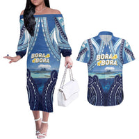Personalised French Polynesia Bora Bora Couples Matching Off The Shoulder Long Sleeve Dress and Hawaiian Shirt Beach Landscape Polynesian Style