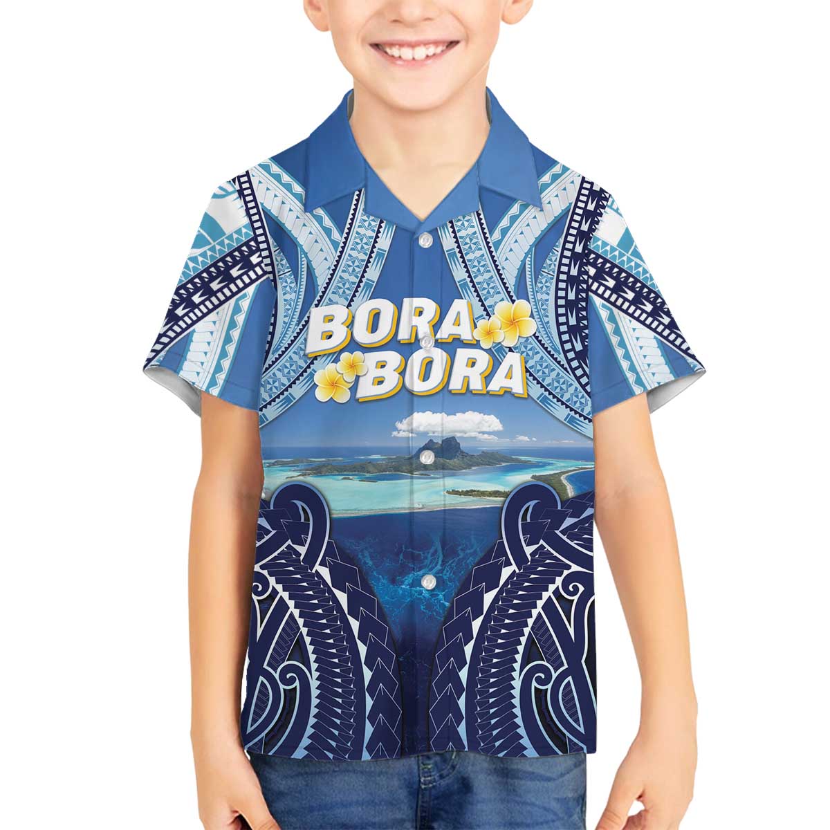 Personalised French Polynesia Bora Bora Family Matching Off The Shoulder Long Sleeve Dress and Hawaiian Shirt Beach Landscape Polynesian Style