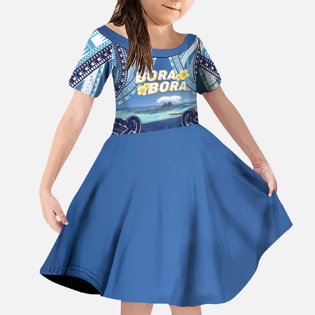 Personalised French Polynesia Bora Bora Family Matching Tank Maxi Dress and Hawaiian Shirt Beach Landscape Polynesian Style LT05 Daughter's Dress Blue - Polynesian Pride