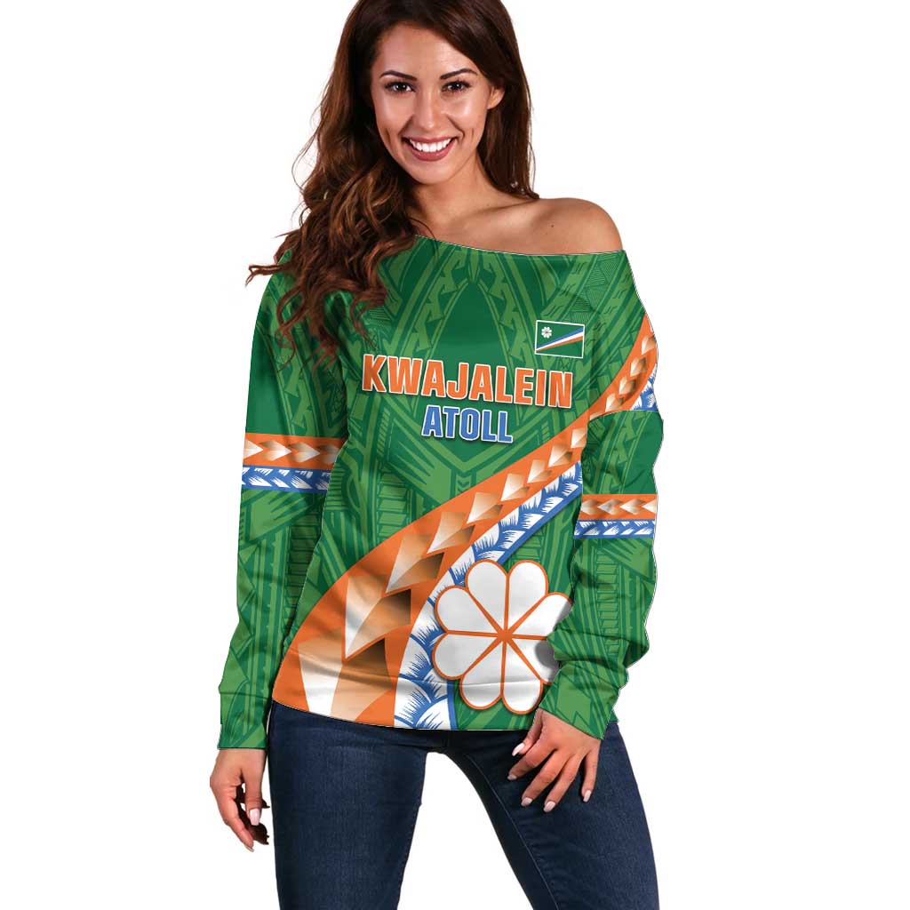 Personalised Marshall Islands Kwajalein Atoll Off Shoulder Sweater Polynesian Tribal Tattoo LT05 Women Green - Polynesian Pride