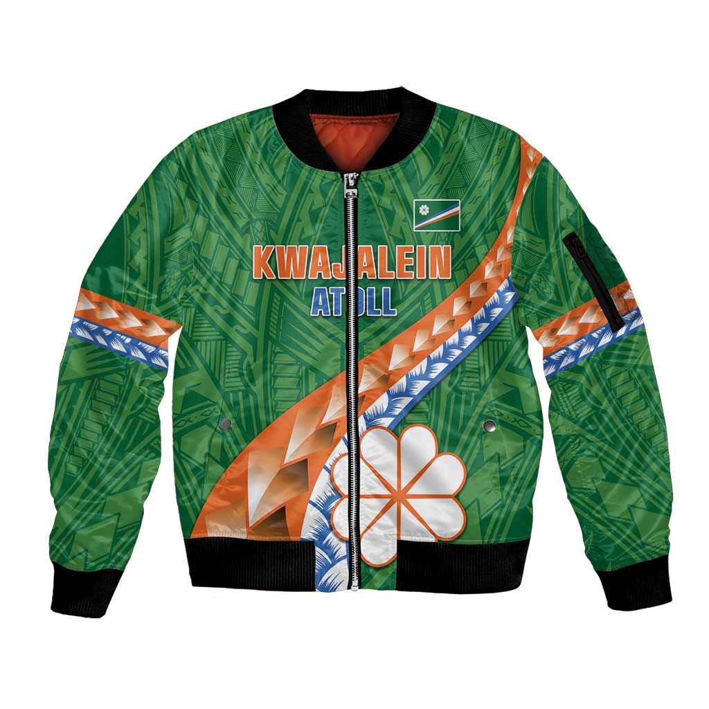 Personalised Marshall Islands Kwajalein Atoll Sleeve Zip Bomber Jacket Polynesian Tribal Tattoo LT05 Unisex Green - Polynesian Pride
