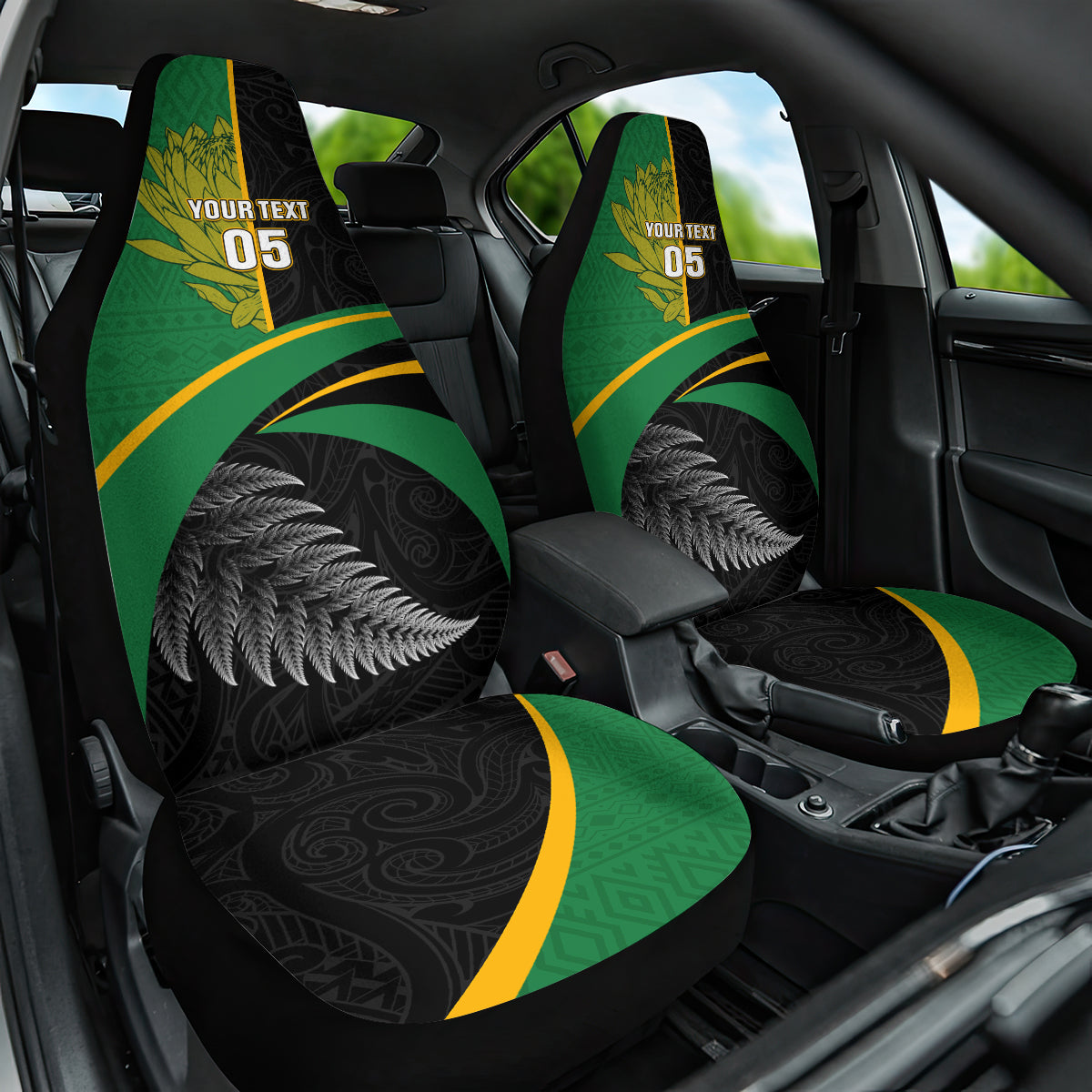 Custom New Zealand And South Africa Rugby Car Seat Cover 2023 Springboks Combine All Black Silver Fern LT05 One Size Green - Polynesian Pride