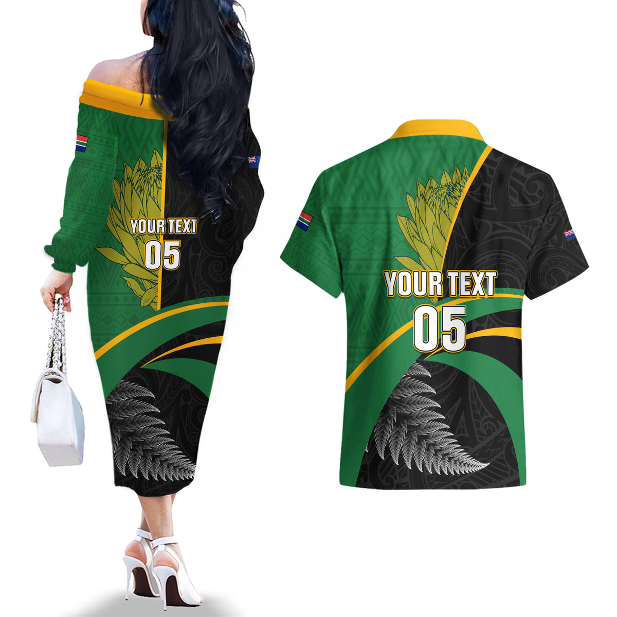Custom New Zealand And South Africa Rugby Couples Matching Off The Shoulder Long Sleeve Dress and Hawaiian Shirt 2023 Springboks Combine All Black Silver Fern LT05 - Polynesian Pride