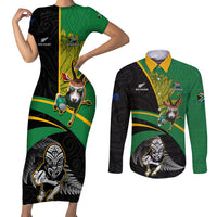 Custom New Zealand And South Africa Rugby Couples Matching Short Sleeve Bodycon Dress and Long Sleeve Button Shirt 2023 Springboks Combine All Black Silver Fern LT05 Green - Polynesian Pride