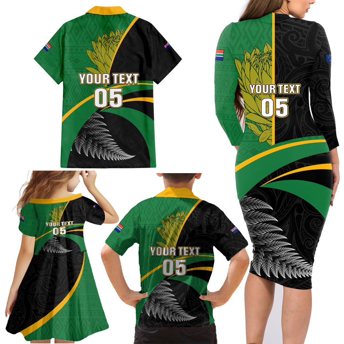 Custom New Zealand And South Africa Rugby Family Matching Long Sleeve Bodycon Dress and Hawaiian Shirt 2023 Springboks Combine All Black Silver Fern LT05 - Polynesian Pride