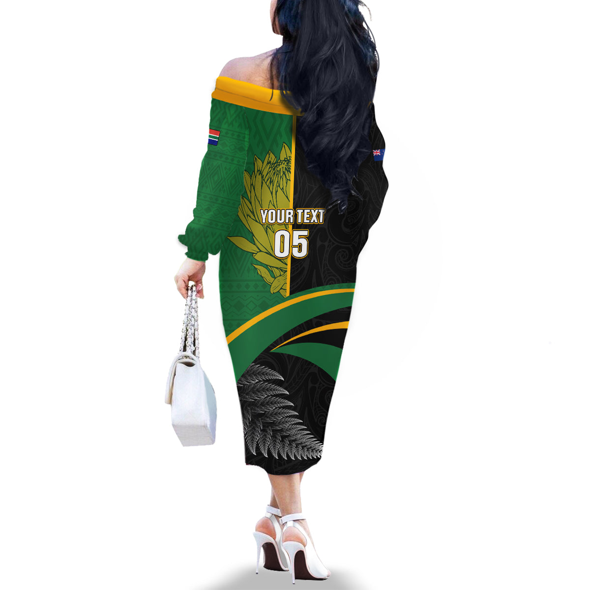 Custom New Zealand And South Africa Rugby Family Matching Off Shoulder Long Sleeve Dress and Hawaiian Shirt 2023 Springboks Combine All Black Silver Fern LT05 - Polynesian Pride