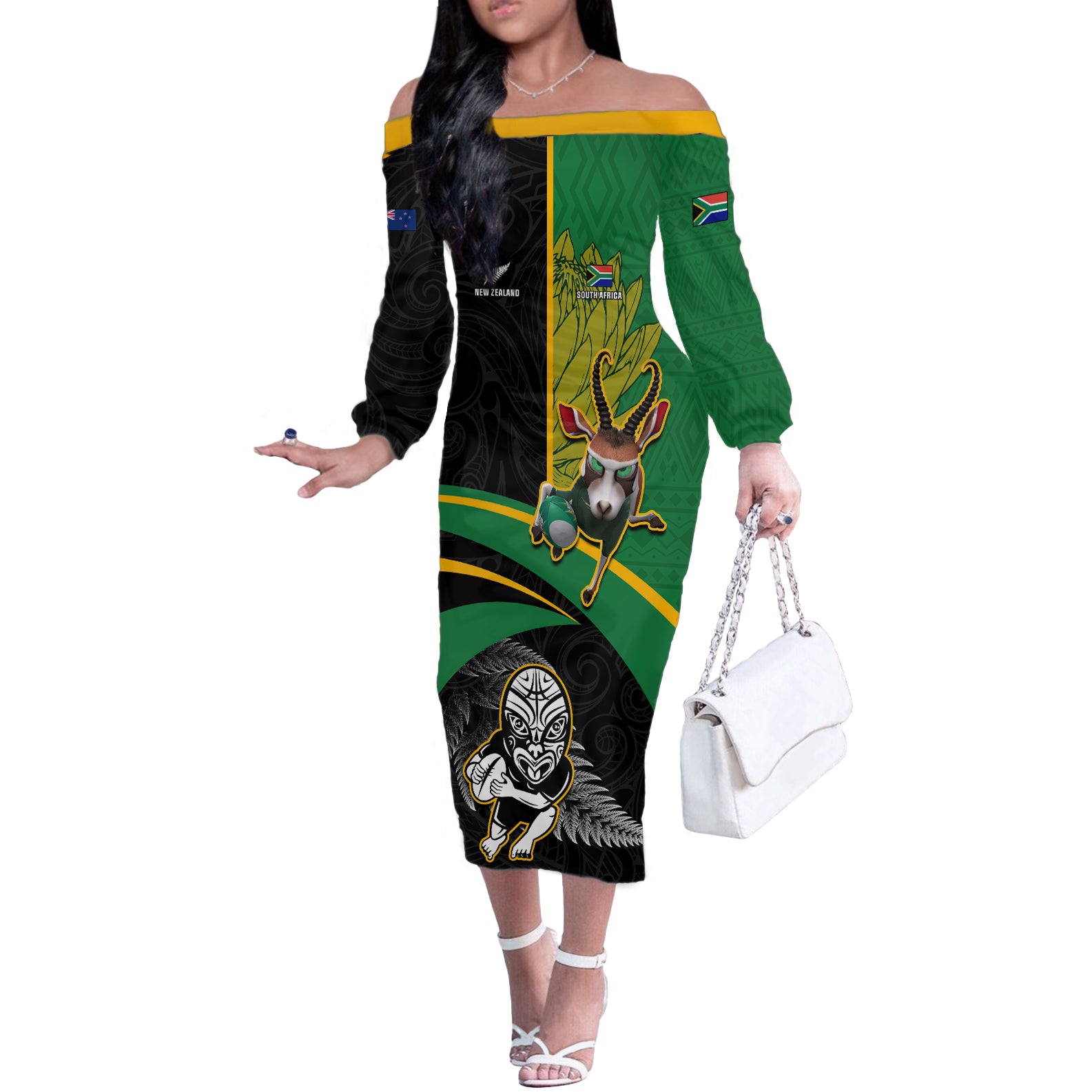South Africa Soccer Custom Off The Shoulder Long Sleeve Dress Bafana Bafana LT15