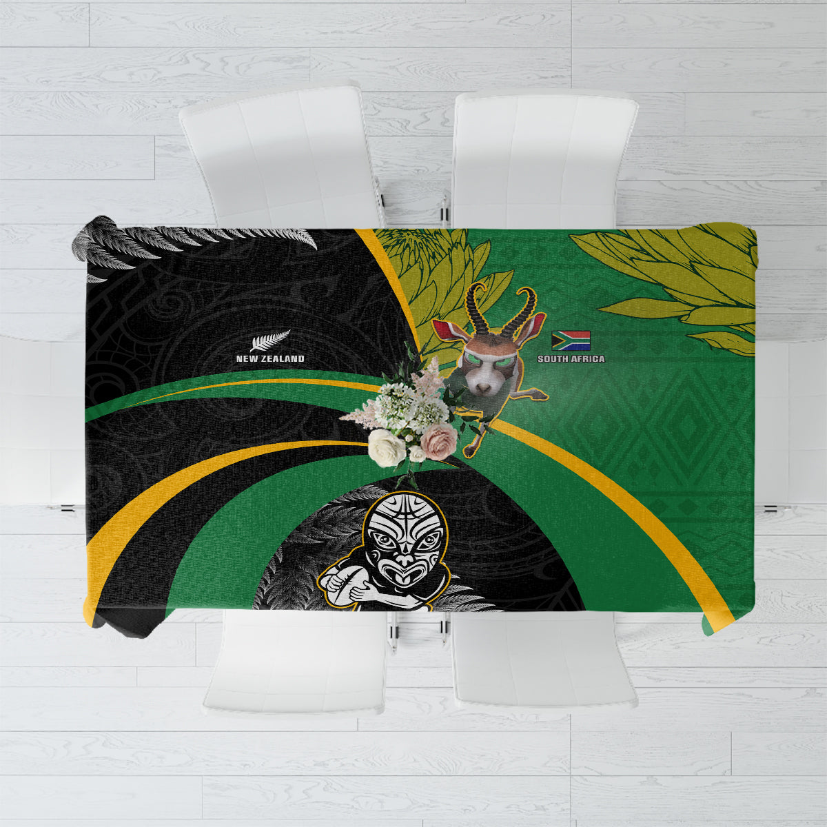 New Zealand And South Africa Rugby Tablecloth 2023 Springboks Combine All Black Silver Fern LT05 Green - Polynesian Pride