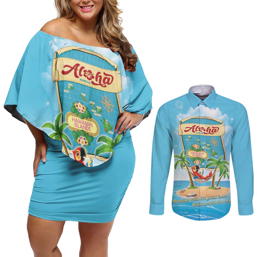Aloha Hawaii Couples Matching Off Shoulder Short Dress and Long Sleeve Button Shirt Funny Macaw Parrot Tropical Vibe LT05 Blue - Polynesian Pride