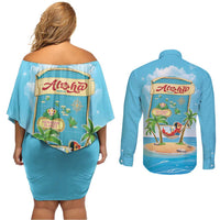 Aloha Hawaii Couples Matching Off Shoulder Short Dress and Long Sleeve Button Shirt Funny Macaw Parrot Tropical Vibe LT05 - Polynesian Pride