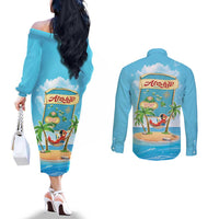 Aloha Hawaii Couples Matching Off The Shoulder Long Sleeve Dress and Long Sleeve Button Shirt Funny Macaw Parrot Tropical Vibe