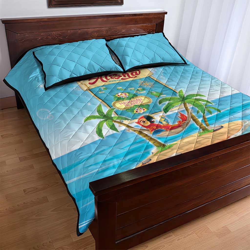 Aloha Hawaii Quilt Bed Set Funny Macaw Parrot Tropical Vibe