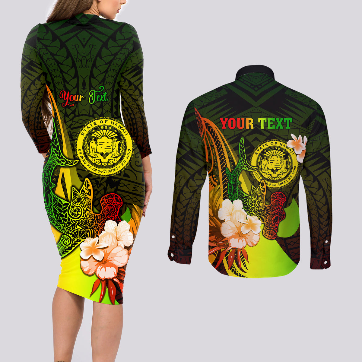 Personalised Hawaii State Motto Couples Matching Long Sleeve Bodycon Dress and Long Sleeve Button Shirt Hawaiian Tribal Reggae Hammerhead Shark LT05 - Polynesian Pride