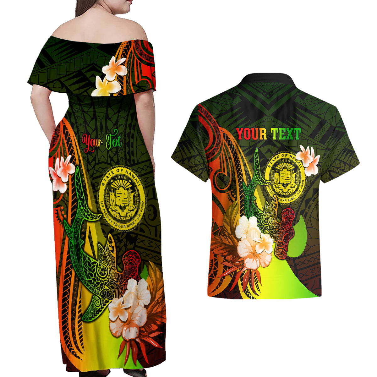 Personalised Hawaii State Motto Couples Matching Off Shoulder Maxi Dress and Hawaiian Shirt Hawaiian Tribal Reggae Hammerhead Shark LT05 - Polynesian Pride