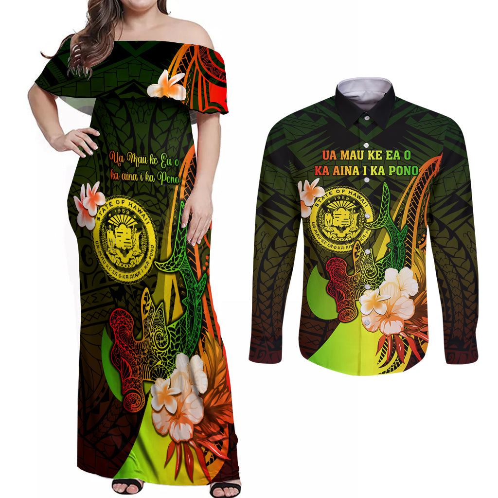 Personalised Hawaii State Motto Couples Matching Off Shoulder Maxi Dress and Long Sleeve Button Shirt Hawaiian Tribal Reggae Hammerhead Shark LT05 Reggae - Polynesian Pride