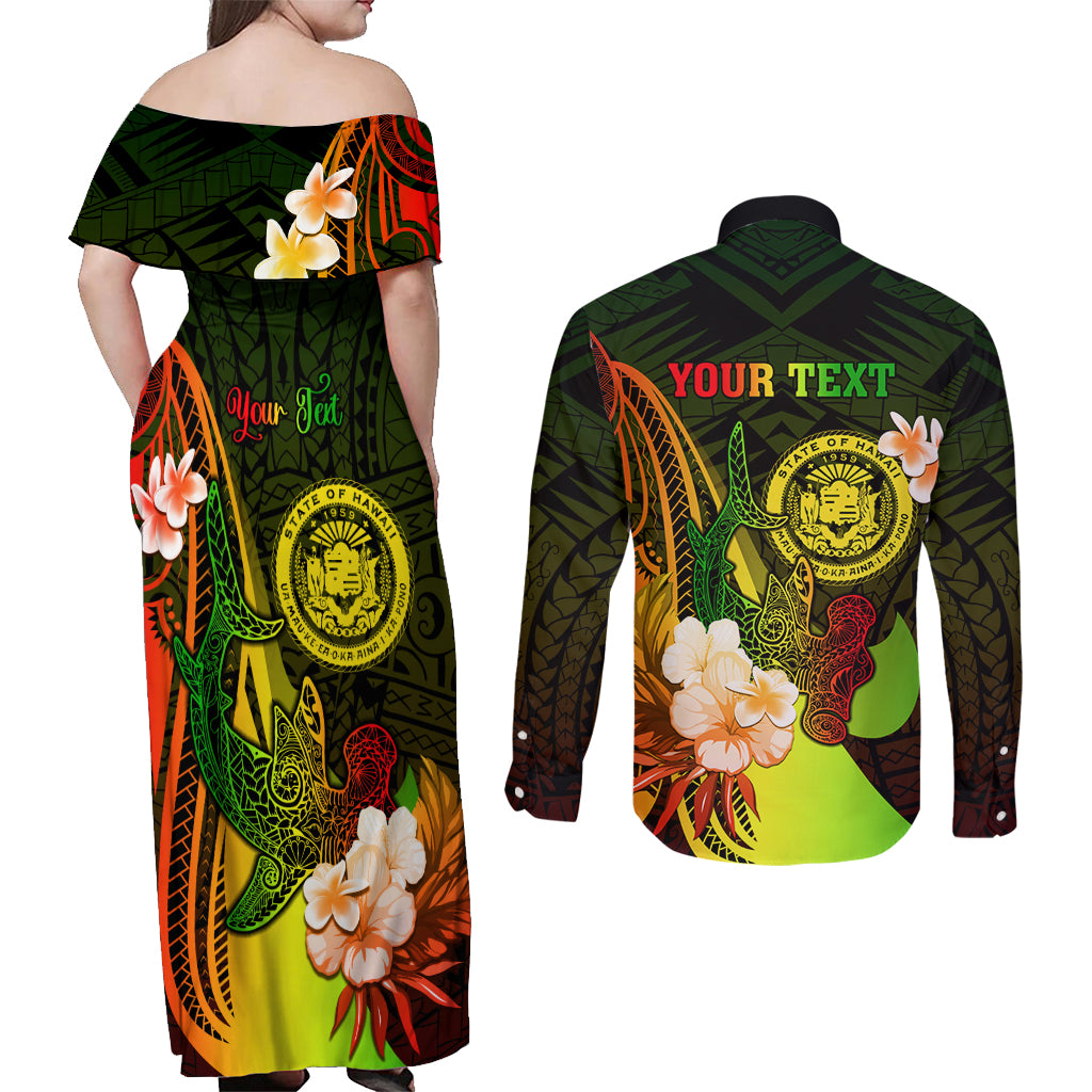 Personalised Hawaii State Motto Couples Matching Off Shoulder Maxi Dress and Long Sleeve Button Shirt Hawaiian Tribal Reggae Hammerhead Shark LT05 - Polynesian Pride